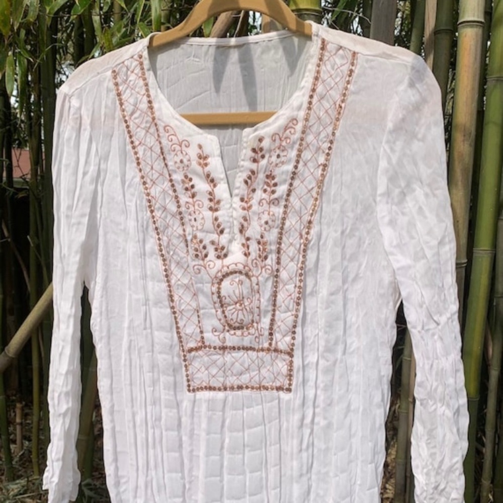 Boho White Crinkle Embroidered Tunic